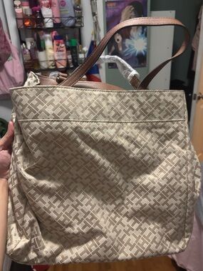 Beige Monogram Tote Bag with Brown Straps